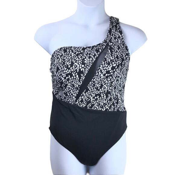 Swimsuits for All Uproar One Shoulder Mesh One Piece Swimsuit Sz 14 Black White - Picture 1 of 9